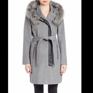 Karl legarfeld grey coat with faux fur hood